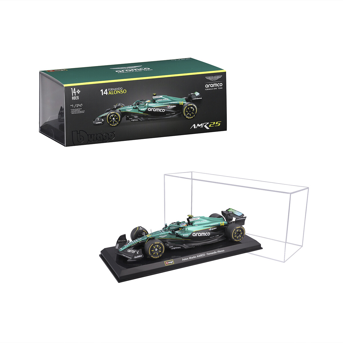 Auto Bburago Formula 1 Aston Martin Aramco con Exhibidor Escala 1:24 