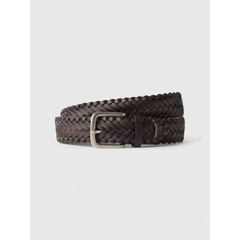 V-LEATHER WOVEN BELT DARK BROWN