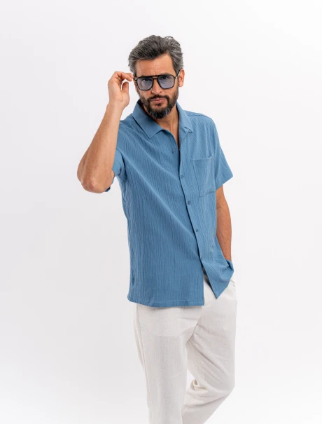Camisa m/c bambula azul piedra