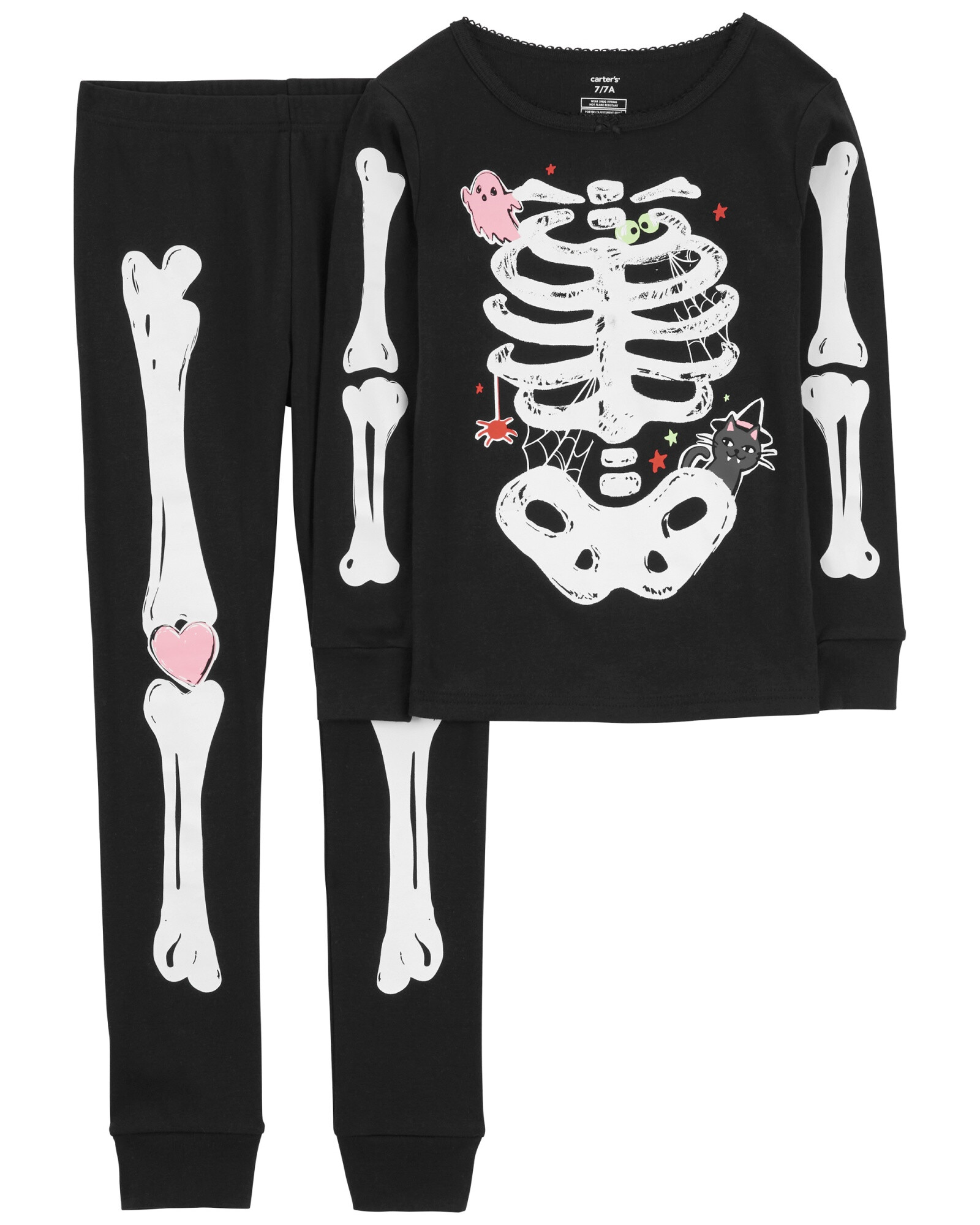 Pijama dos piezas de algodón, diseño esqueleto resplandeciente con fantasma y gato de Halloween. Talles 6-8 Sin color