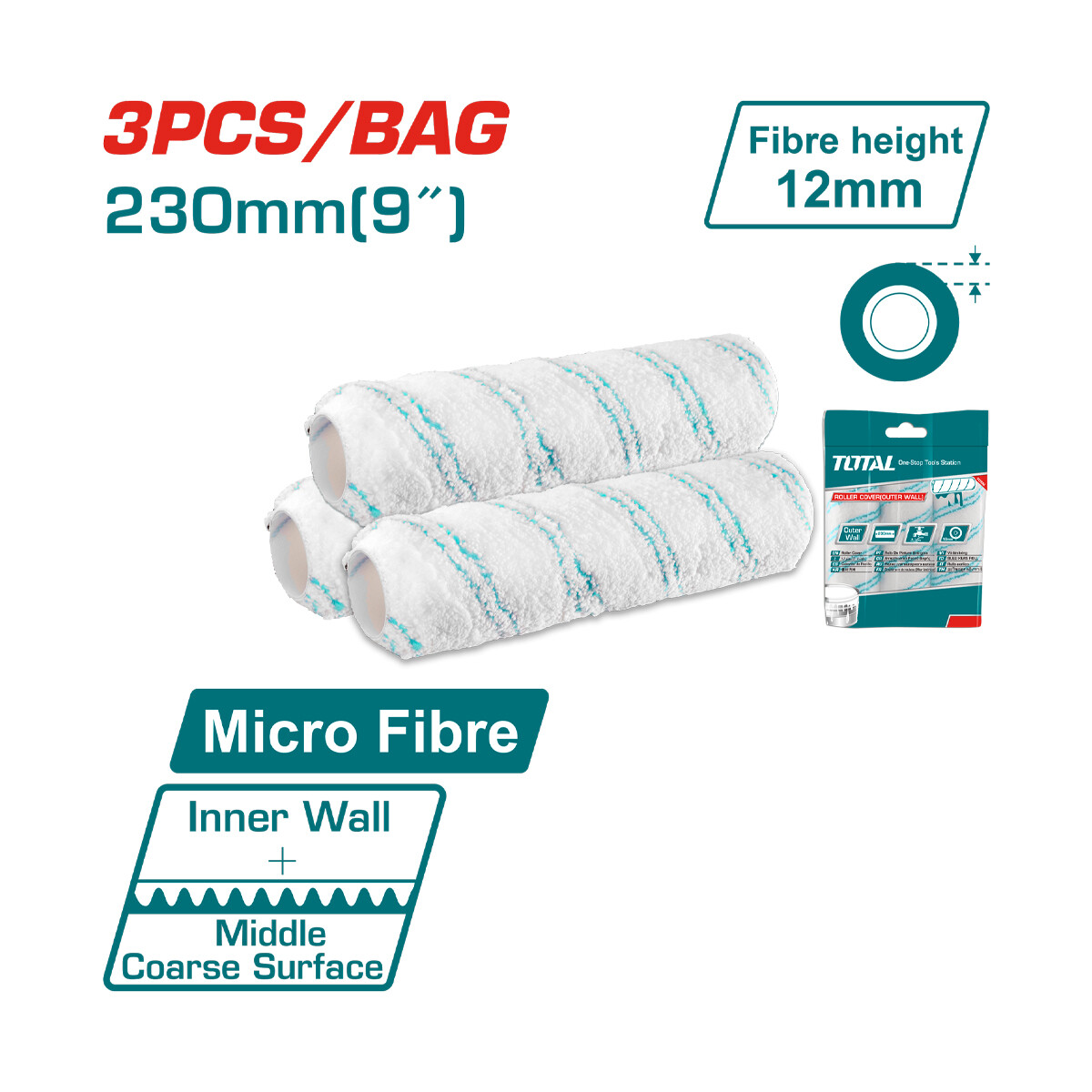 Repuesto Rodillo Microfibra 230mm / 9" Pack de 3 Unidades Total 