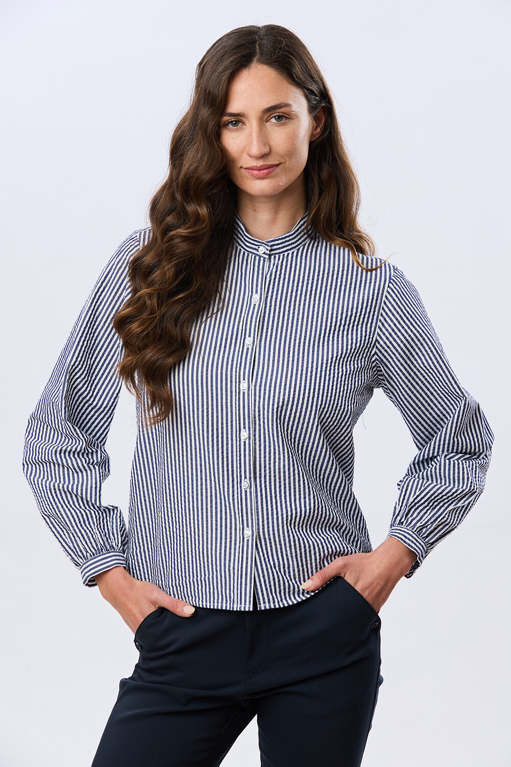CAMISA RAYADA CON FRUNCES Azul