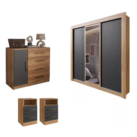 Juego de Dormitorio Premium Ropero + Comoda + Mesas Nogal/Grafito Juego De Dormitorio Premium Ropero + Comoda + Mesas Nogal/grafito