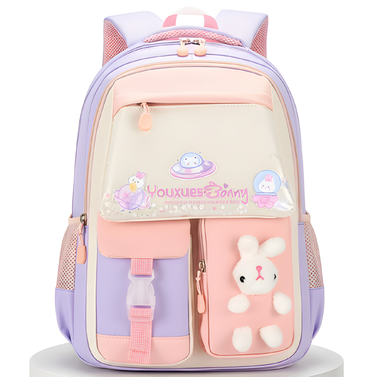 Mochila Kawaii Escolar Infantil Diseño Peluche Conejito - Color Rosado 