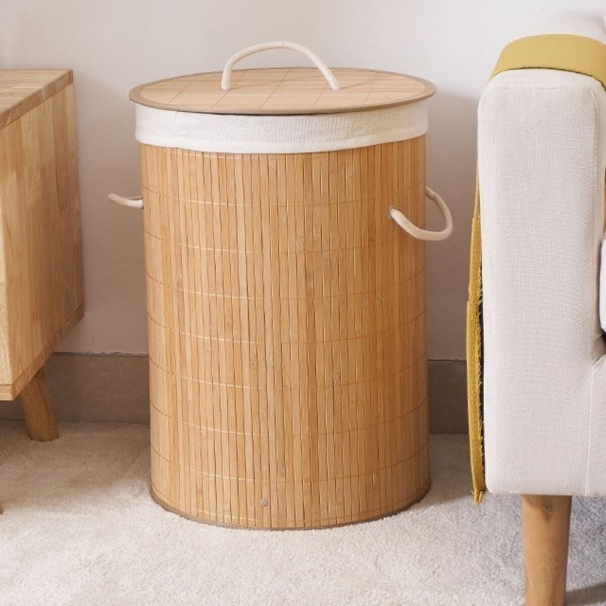 Cesto Baño y Lavandería Circular Ropa Sucia Bambú Con Tapa Gran Capacidad 35cm x 50cm 