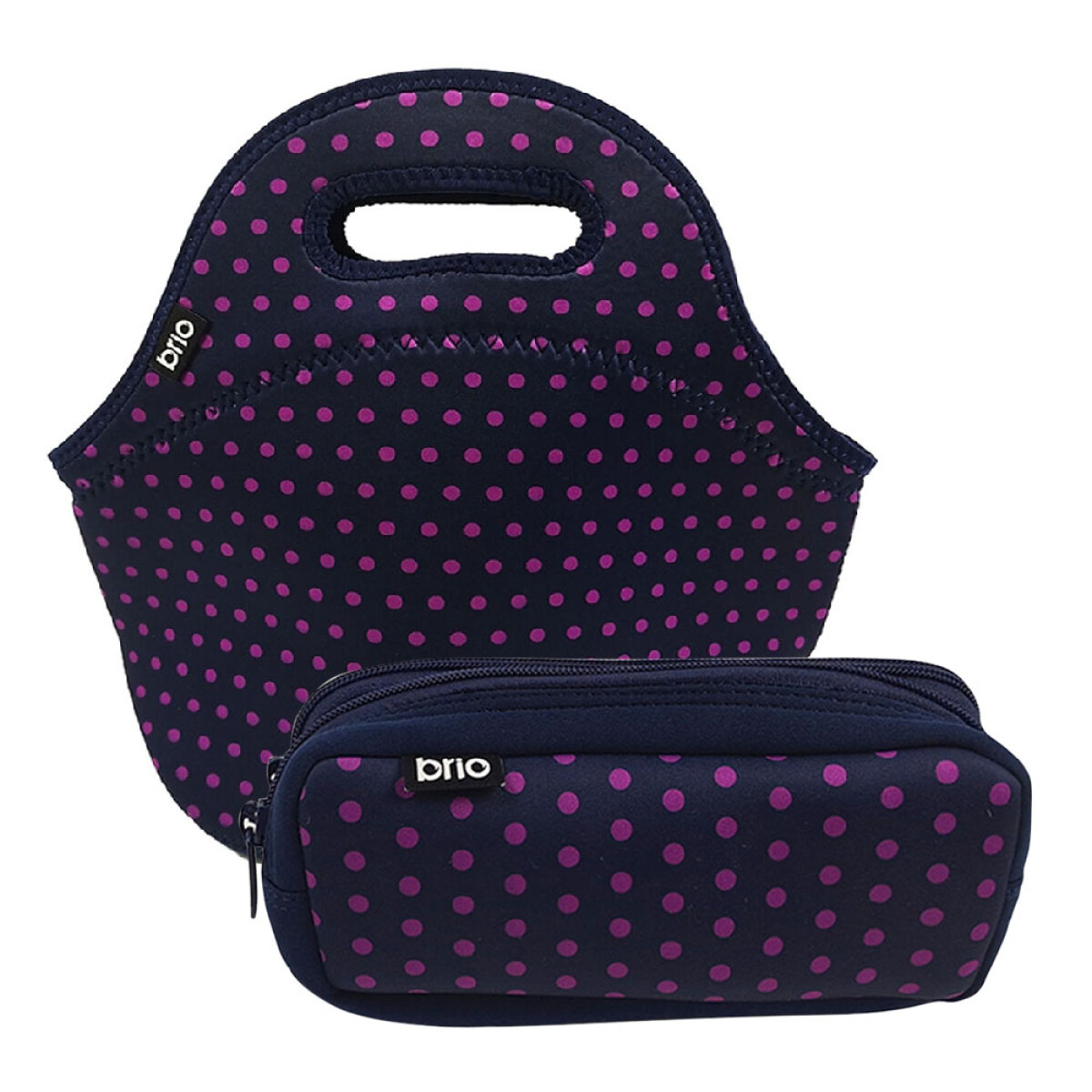 Set Lunchera Térmica y Cartuchera 2 Cierres en Neopreno Brio - Azul Lunares Violetas 
