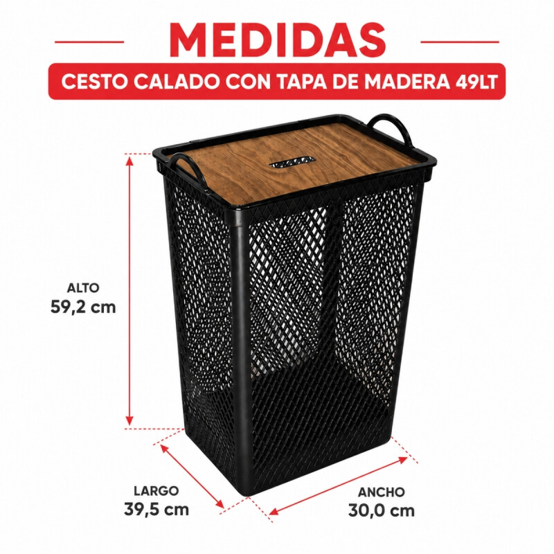 Cesto de ropa con tapa simil madera 49 Lts NEGRO