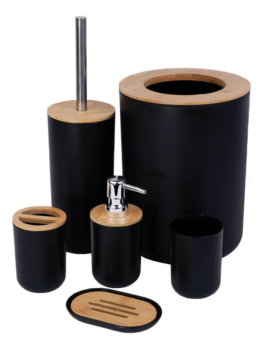Juego De Accesorios Para Baño 6 Piezas Plástico Símil Madera - Negro 