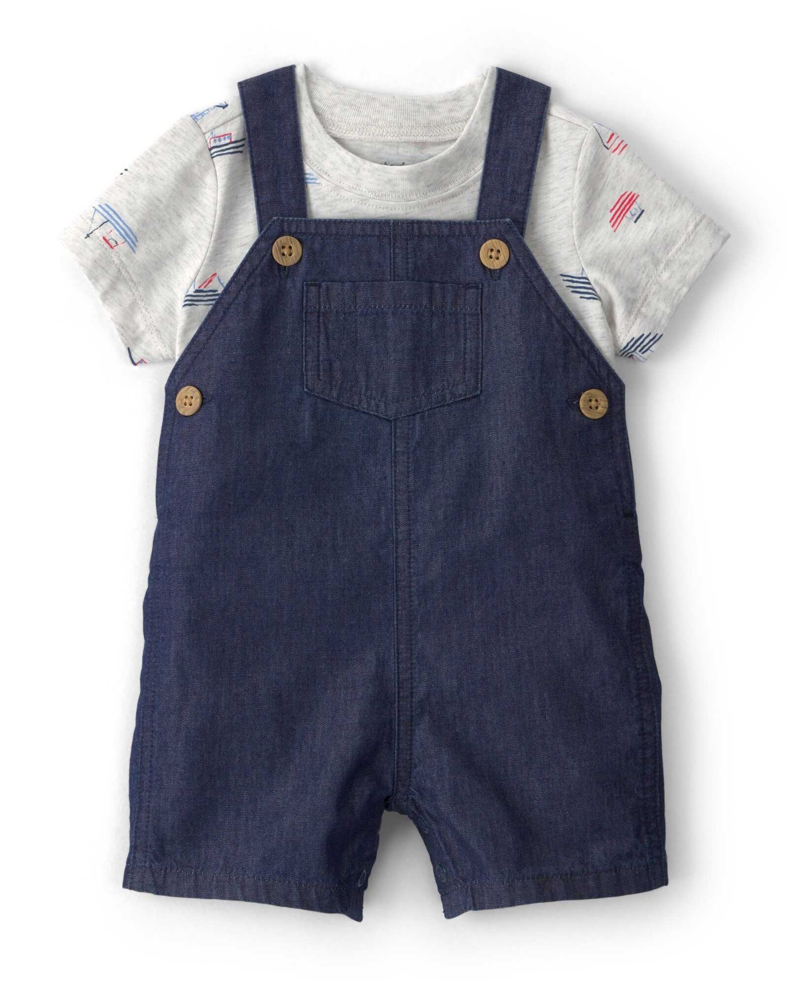 Set dos piezas, enterito corto de chambray y remera, diseño botes Sin color