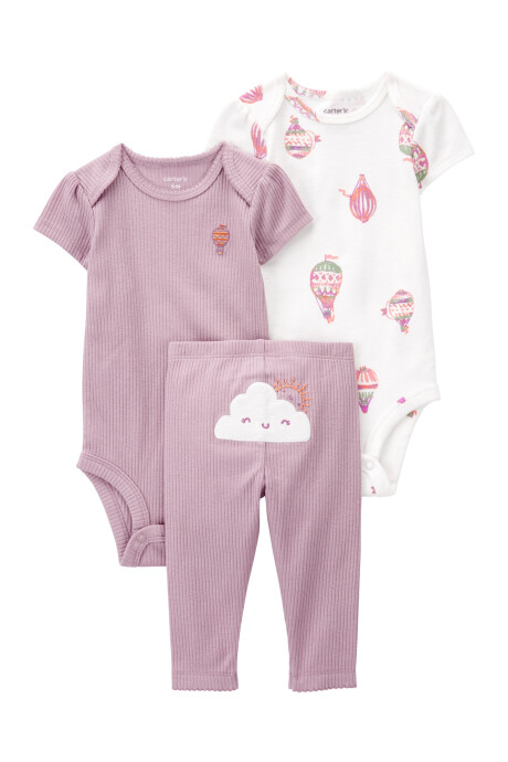 Set tres piezas de algodón, pantalón y bodies, diseño globo Set tres piezas de algodón, pantalón y bodies, diseño globo