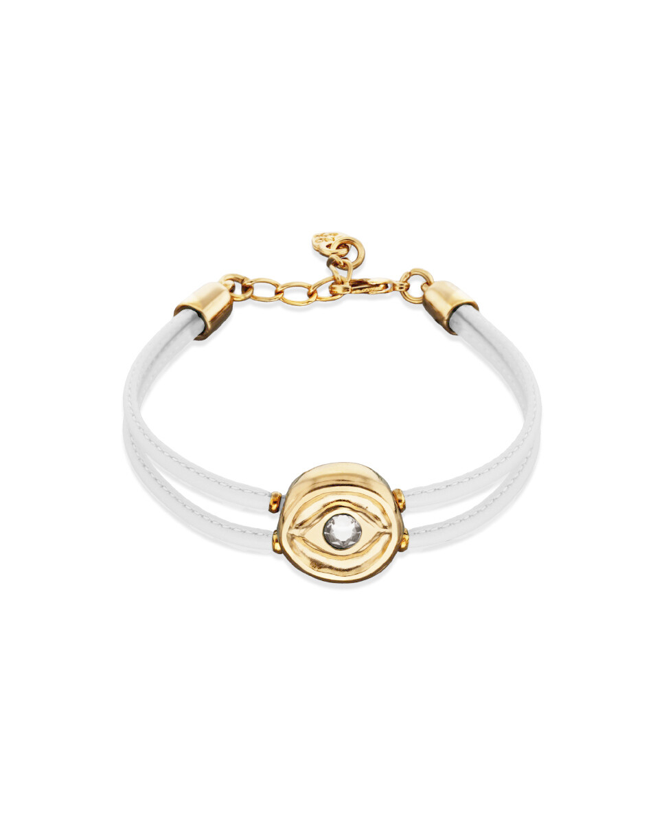 PULSERA DE CUERO DOBLE BLANCO CON DETALLE DE OJO EN ALEACIÓN DE METALES BAÑADO EN ORO DE 18K Y CRISTAL - Pulsera 