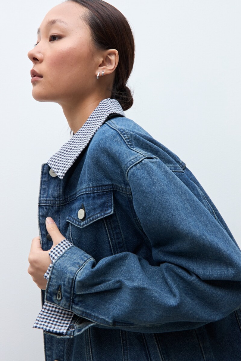 Chaqueta de jean con Vichy jean medio