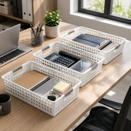 Set x3 Cesto Organizador calado con asas 35 x 26 x 8.5 cm BLANCO