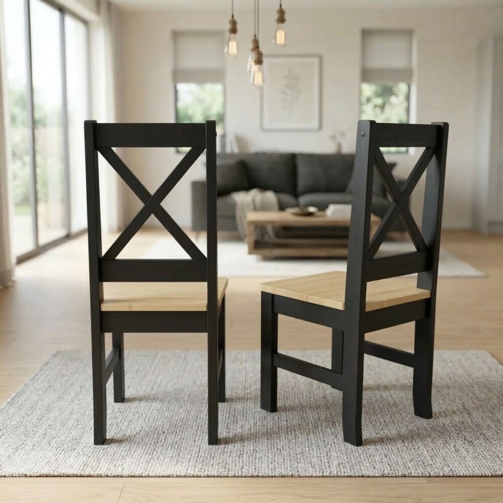 Juego de comedor 6 sillas - Madera maciza - Cruceta Negro