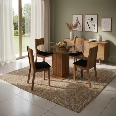 Juego de comedor con mesa redonda de vidrio y 4 sillas rústicas Negro