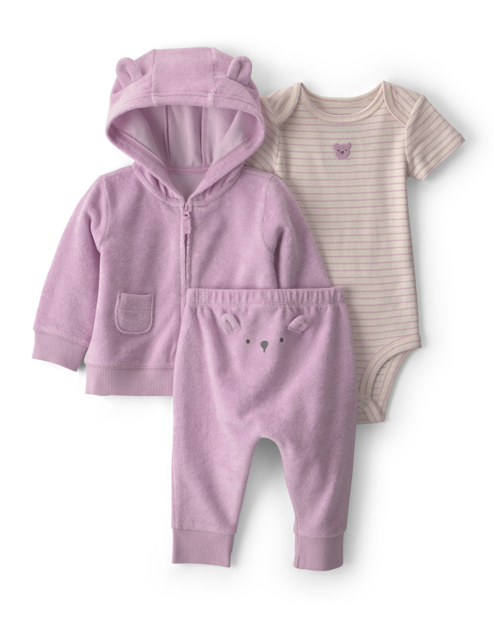 Set tres piezas de algodón, campera y pantalón de terry, más body, diseño oso Set tres piezas de algodón, campera y pantalón de terry, más body, diseño oso
