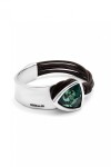 PULSERA RÍGIDA DE ALEACIÓN DE METALES BAÑADA EN PLATA DE LEY CON CUERO Y CRISTAL FACETADO VERDE Pulsera