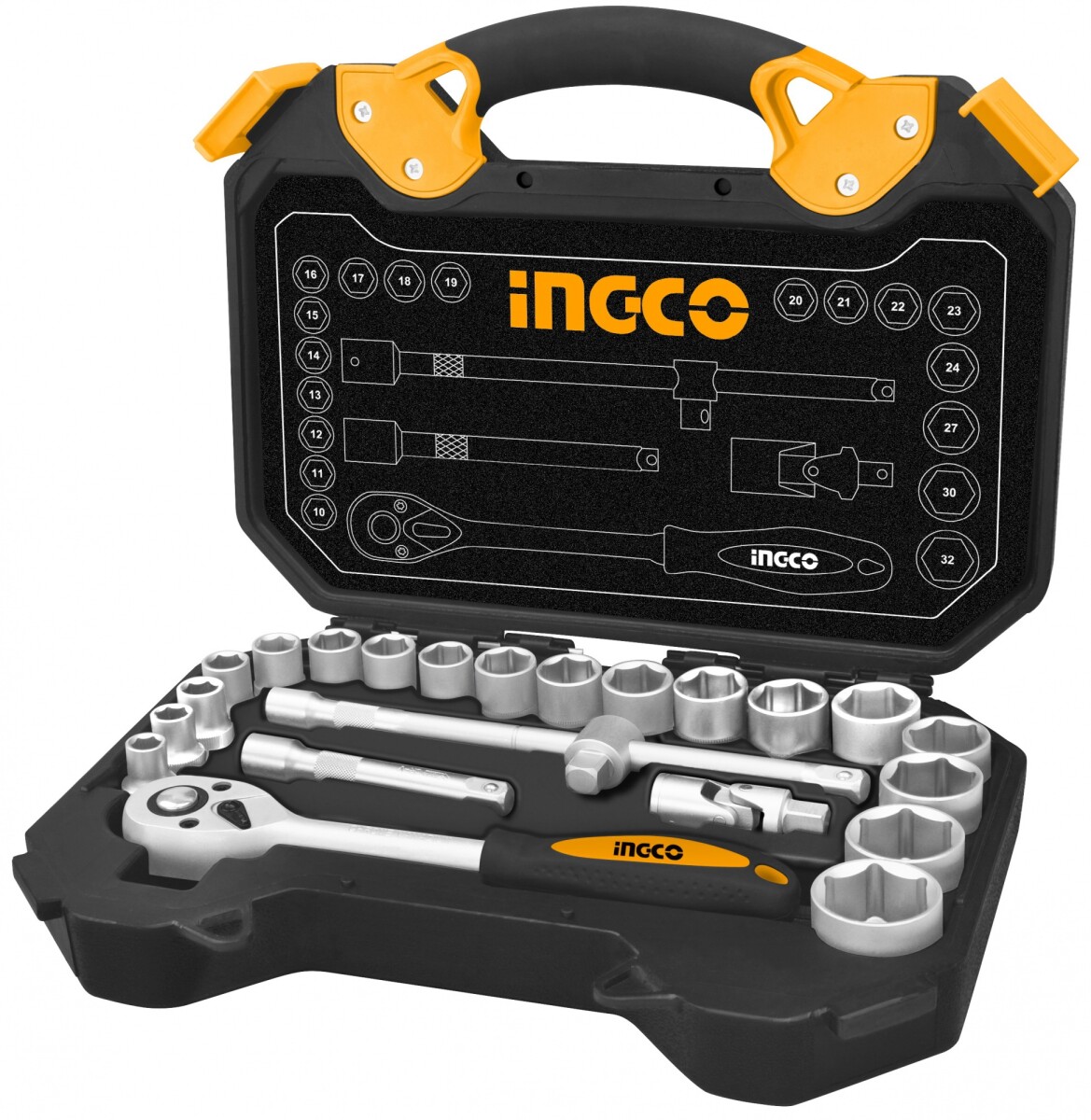 JUEGO DADOS TUBO 25 PZS LLAVE CRIQUE 1/2 METR. Y PULG. INGCO HKTS12251 