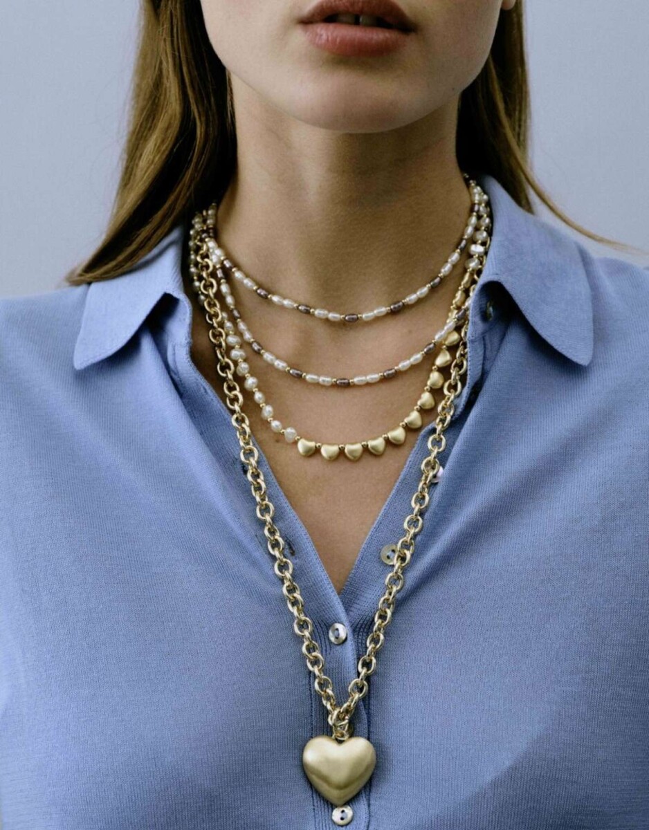 Collar Corto Perlas Y Corazones - Dorado 