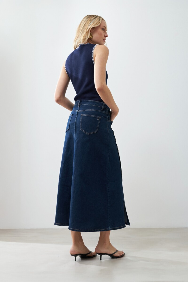 Maxi falda de jean con tajos y botones jean oscuro
