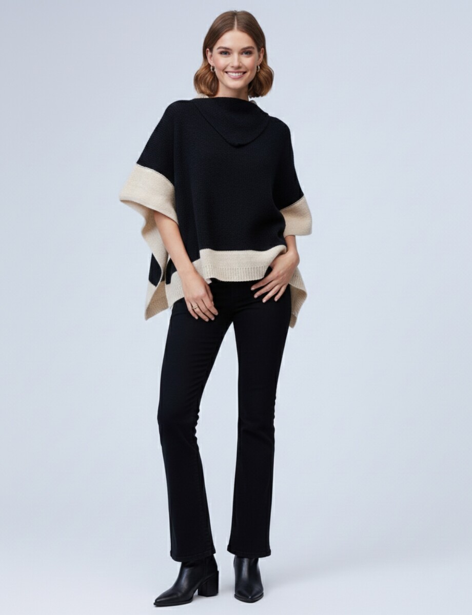 Poncho Colorblock - Negro/beige 