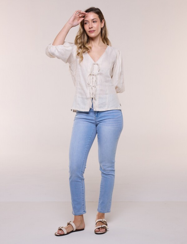 Blusa Lino Con Lazos BEIGE CLARO