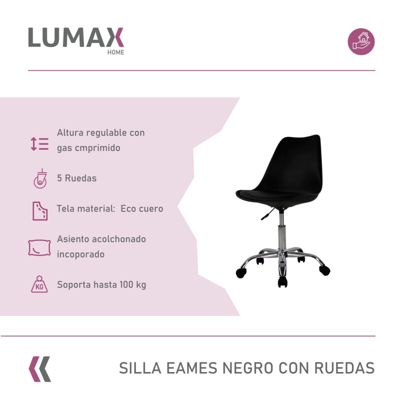 Silla Eames Lumax Para Oficina Con Ruedas Y Altura Ajustable Diseño Ergonómico Negro