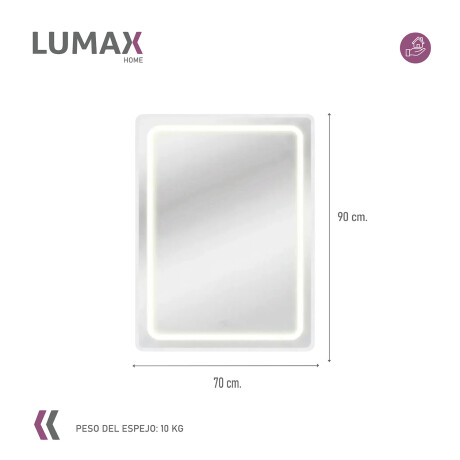 Espejo Vertical Lumax c/marco desempañador y Luz 90x70cm Blanco