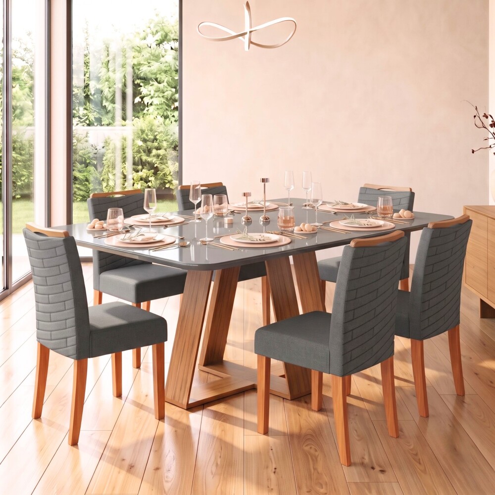 Juego De Comedor - 6 Sillas + Mesa Vidrio - Celeste Gris