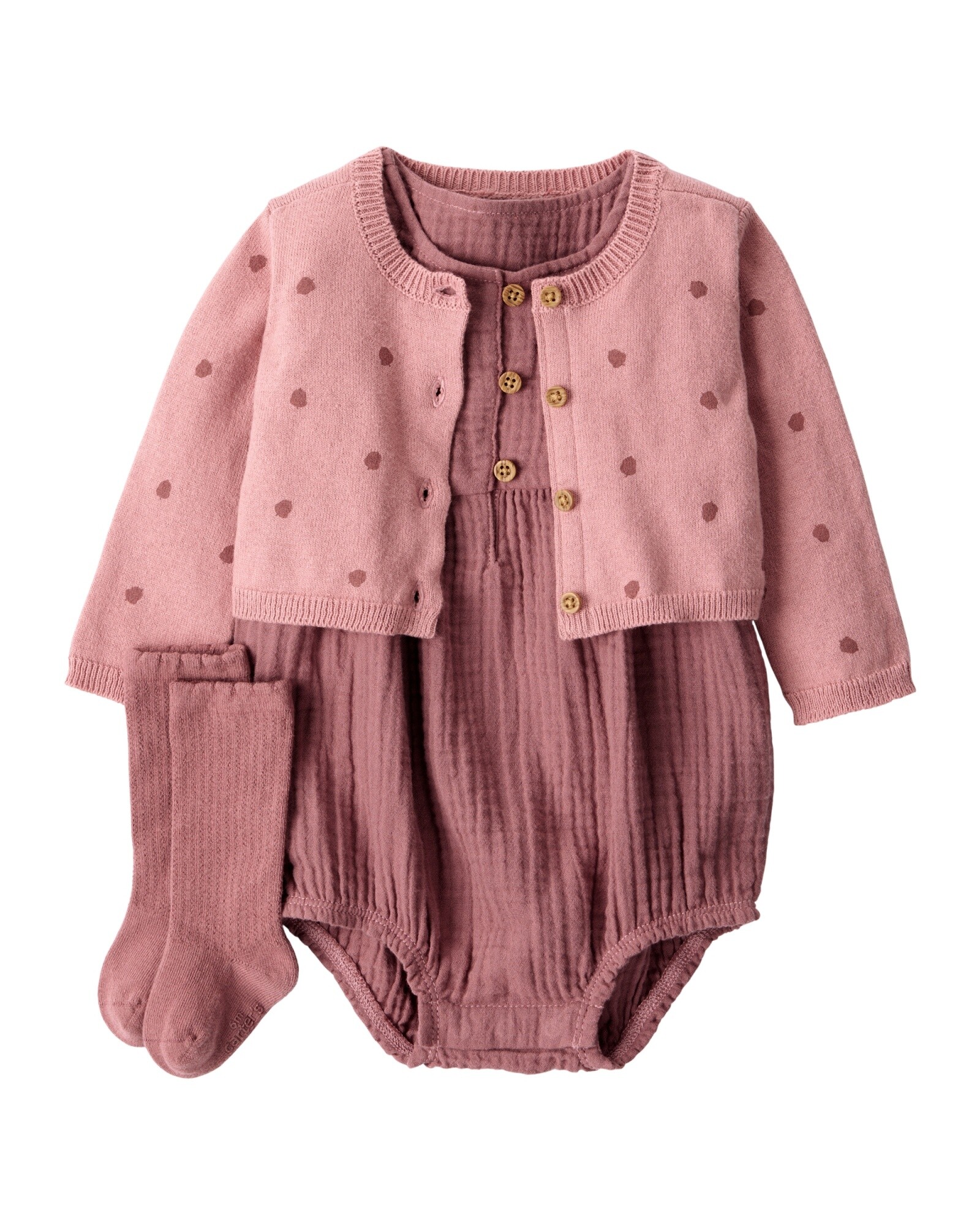 Set tres piezas de algodón, body bombachudo, saco y medias Sin color
