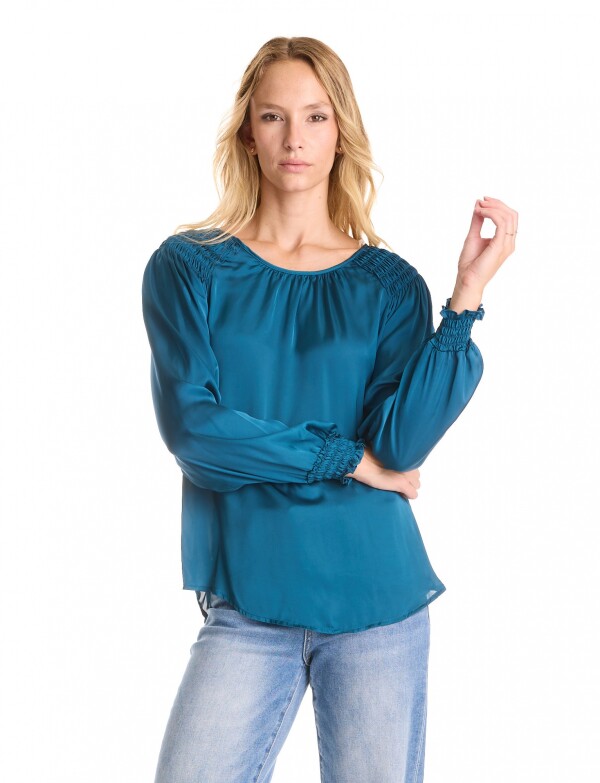 Blusa Saten Frunces PETROLEO