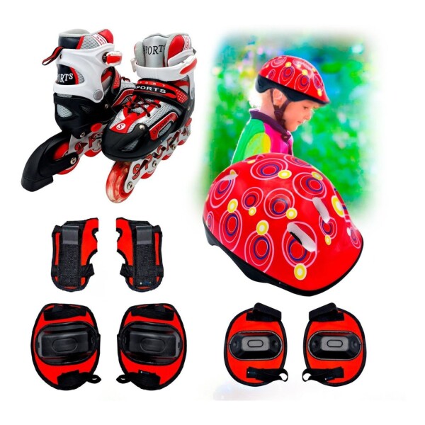 Patines Rollers Luz + Protecciones Casco Rodilleras Calidad Color Variante ROJOL