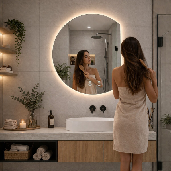 Espejo De Baño Led Redondo Medialuna Desempañador Led08 52 X 60 Cm ESPEJO REDONDO LED08 52X60 MEDIALUNA