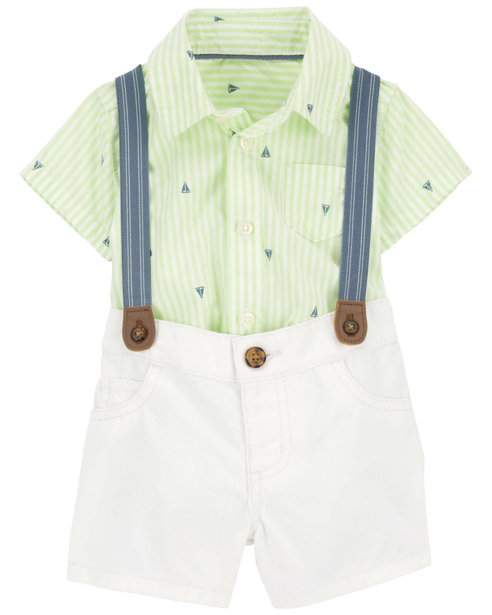 Set tres piezas de algodón, short, body camisa y tiradores Set tres piezas de algodón, short, body camisa y tiradores