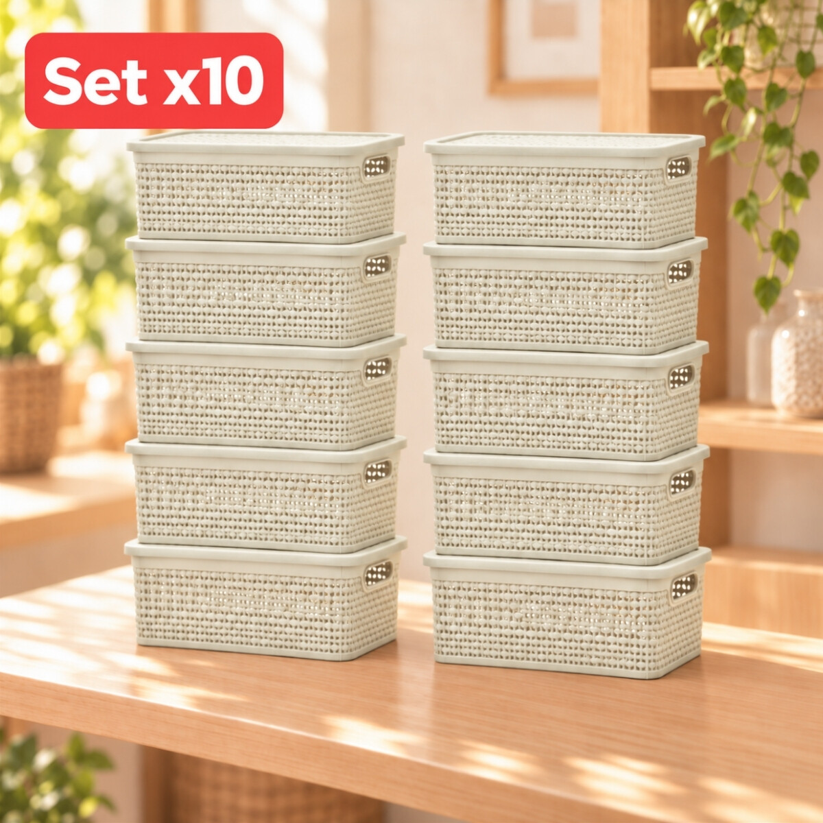 Set x10 caja simil ratán 4 lts - BEIGE 