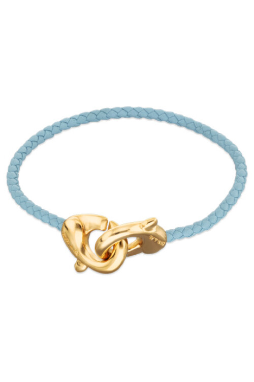 PULSERA DE CUERO AZUL CON MOSQUETÓN ENTRELAZADO BAÑADO EN ORO 18K Pulsera