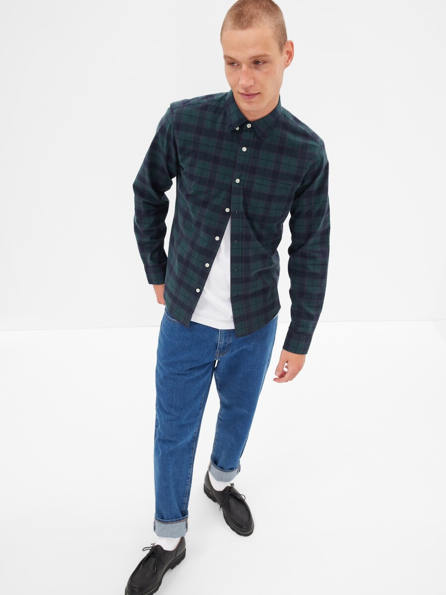 Camisa Strecht Poplin Hombre - Green Navy Plaid 