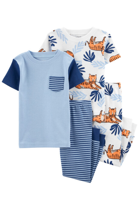 Pijama cuatro piezas de algodón dos remeras manga corta y dos pantalones, diseños azul y tigres Sin color