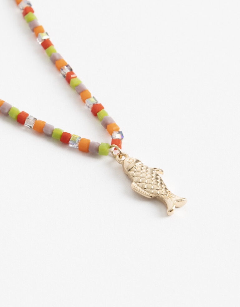 Collares Cortos Color Collar Corto Beads Y Dije Pez - Dorado