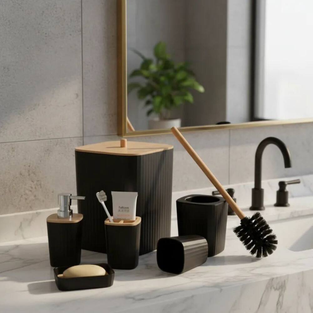 Set De 6 Piezas Para Baño En Bambú Negro
