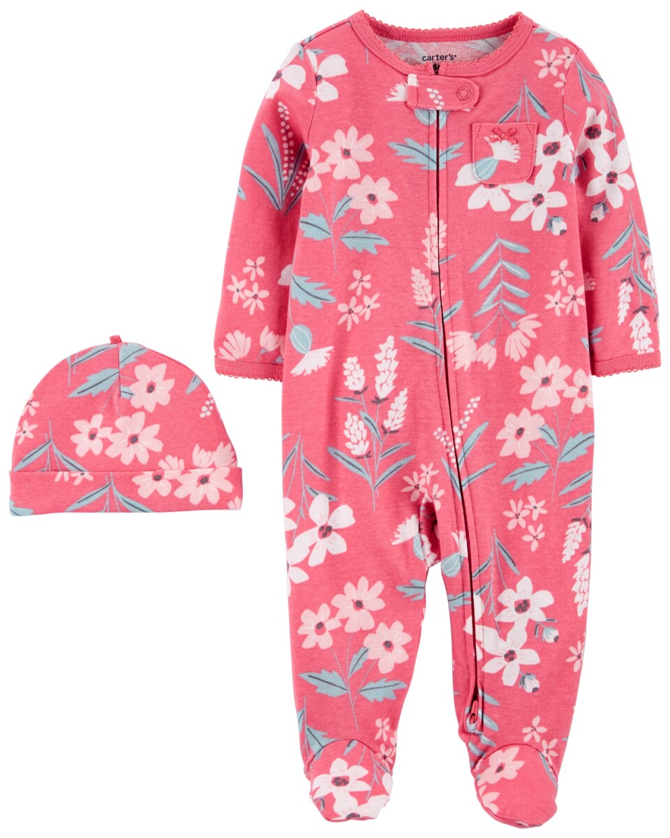 Pijama de algodón con pies y gorro diseño floral 