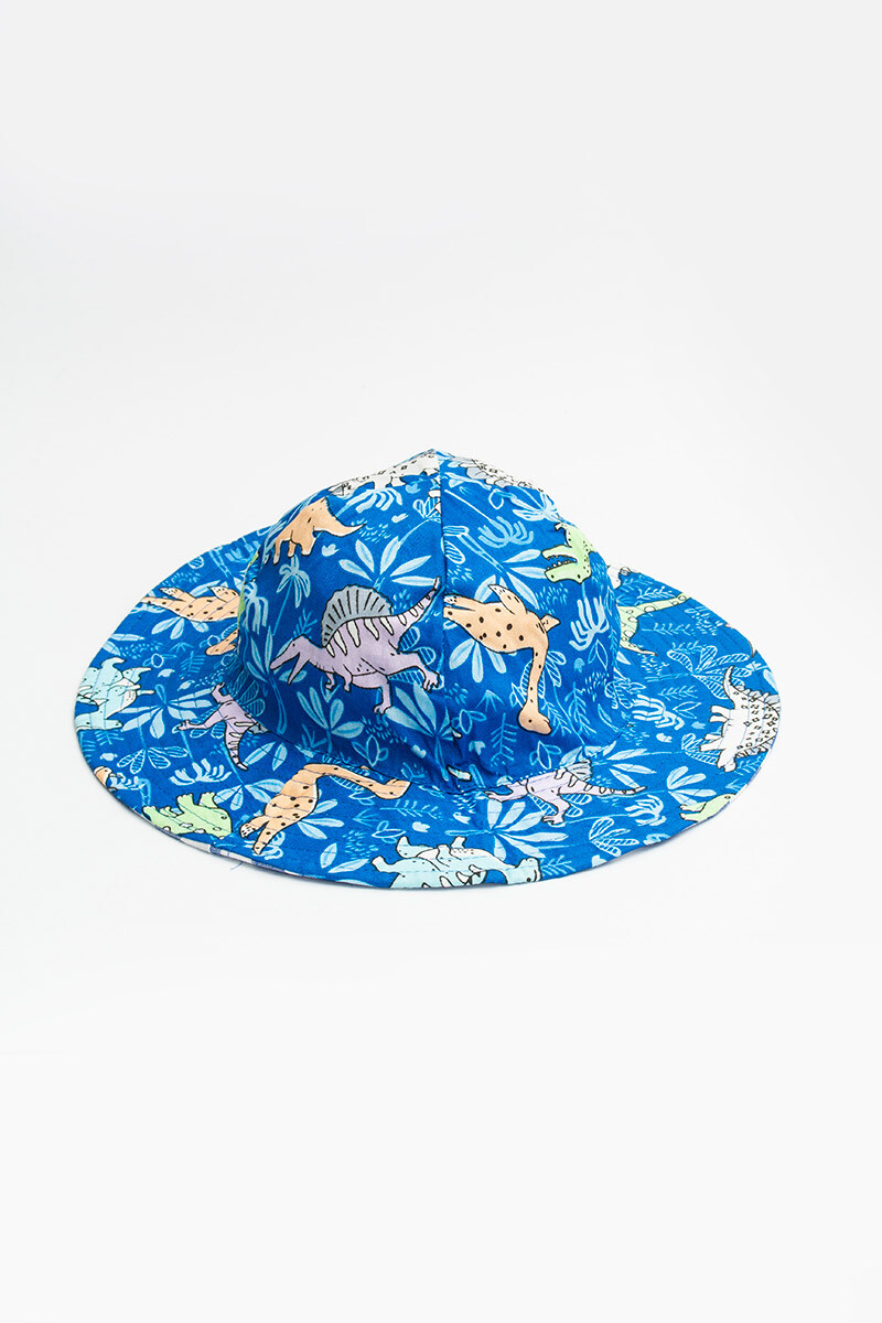 Sombrero tipo capelina con cordones ajustables - Azul estampado con dinosaurios 
