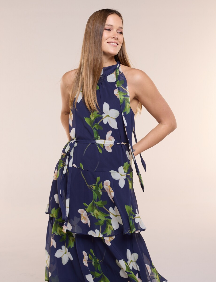 Vestido De Gasa Floral - Azul/multi 