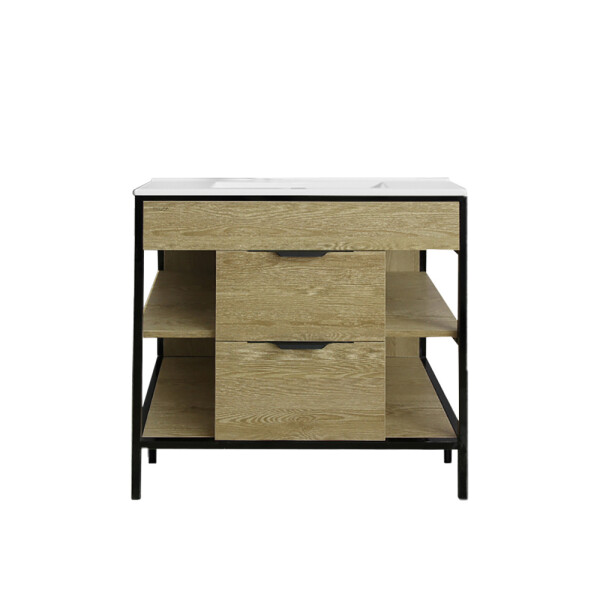 MUEBLE DE BAÑO 2 CAJONES Y ESTANTES VANITY MARRÓN CON BACHA BLANCA Mueble De Baño 2 Cajones Y Estantes Vanity Marrón Con Bacha Blanca