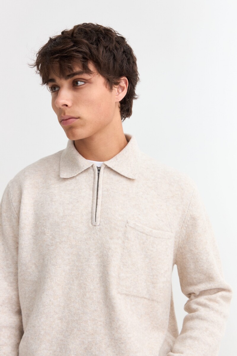 Sweater cuello polo con cierre BEIGE