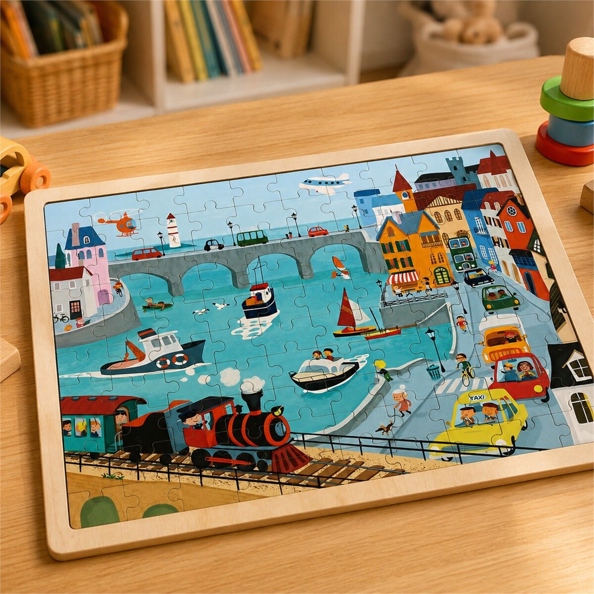 Puzzle de Madera Top Bright Ciudad 100 Piezas con Base - CELESTE 