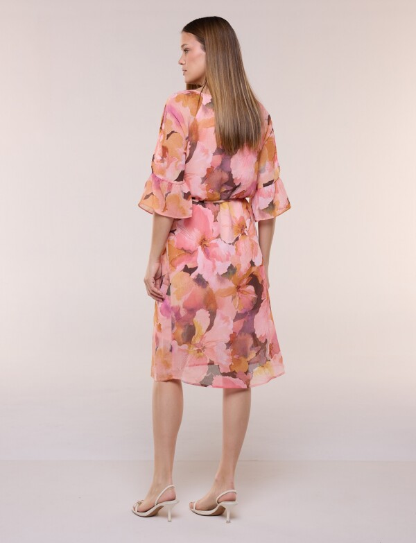 Vestido Corto De Gasa Floral Con Abertura En Brazo ROSA/MULTI