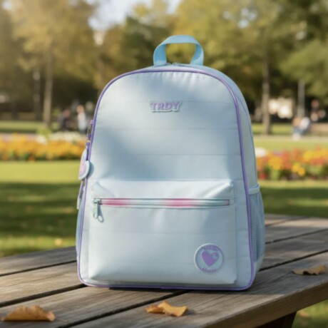 Mochila Trendy Escolar con porta botellas y llavero Celeste