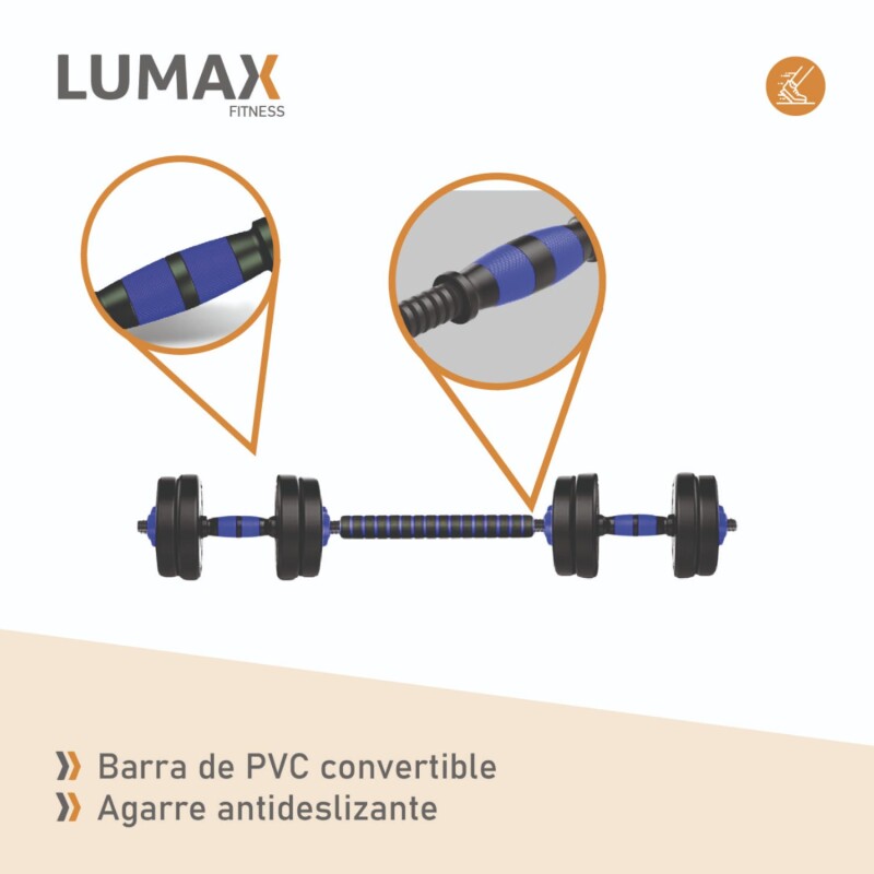 Set 2 Mancuernas Lumax Barra 2 En 1 30 Kg Para Entrenamiento En Casa Ajustable Azul