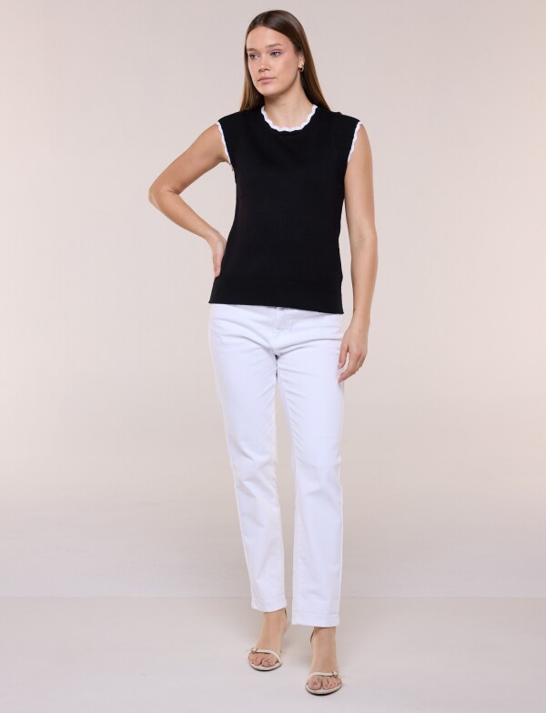 Blusa Tejida Sin Mangas Con Bordes Festoneados NEGRO